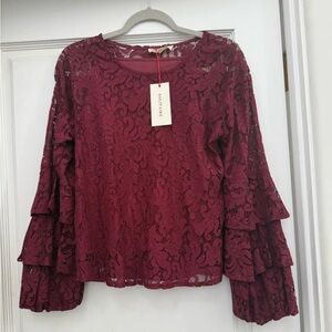 Solitaire Burgundy Lace Blouse with Tiered Sleeves - NWT